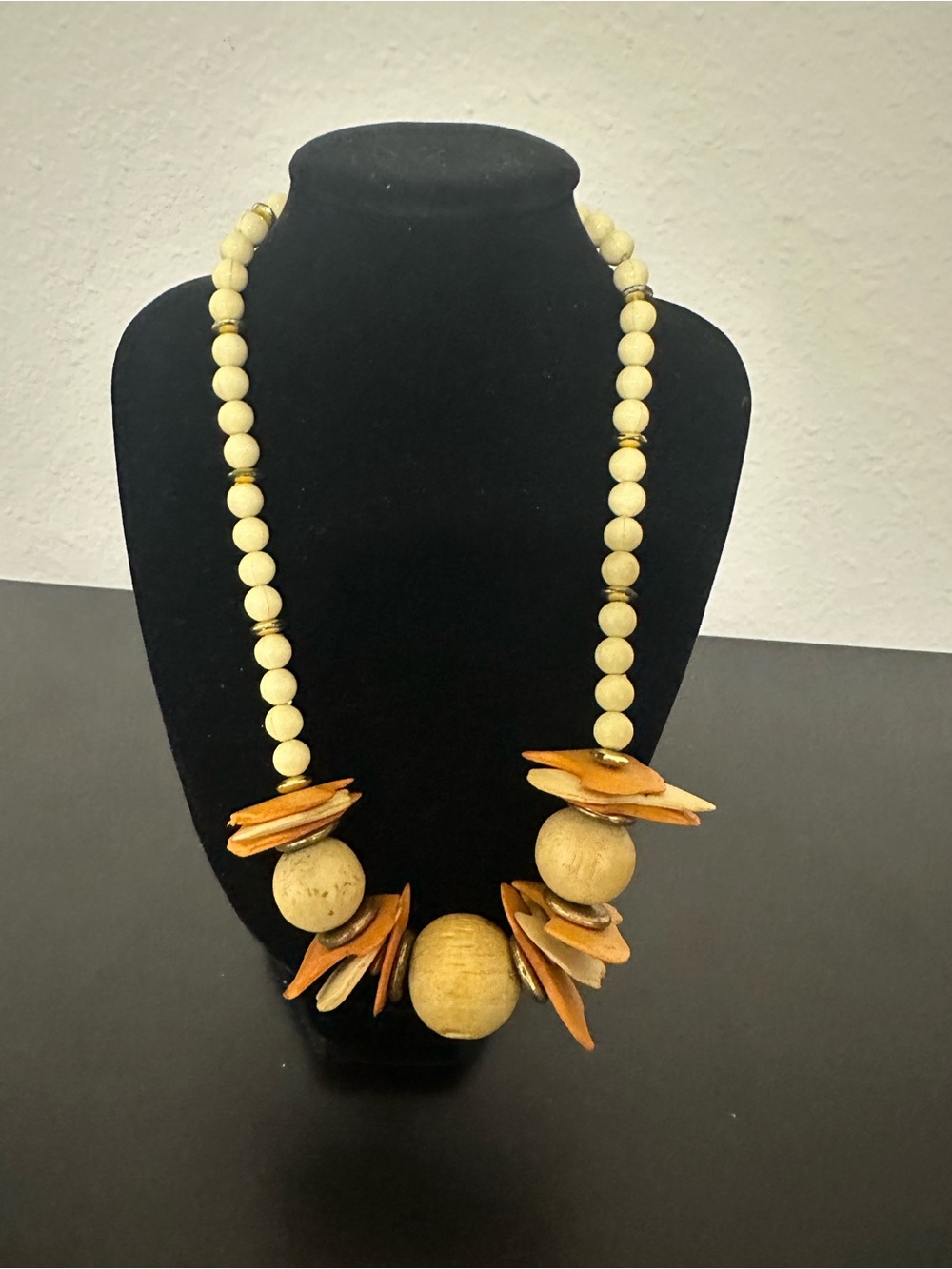 Natural Wood Bead Statement Necklace - Beige